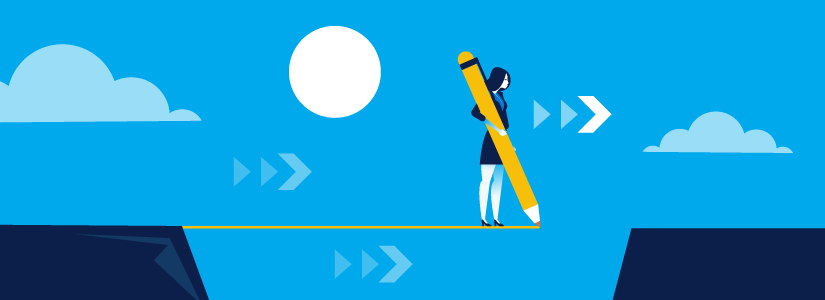 blue sky graphic with moon, clouds, house eaves, woman with pencil walking  on pencil-drawn tightrope