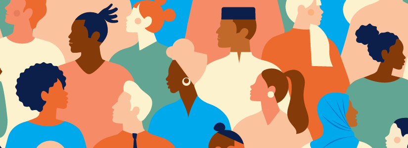 multi-colored graphic of drawn diverse people in silhouette