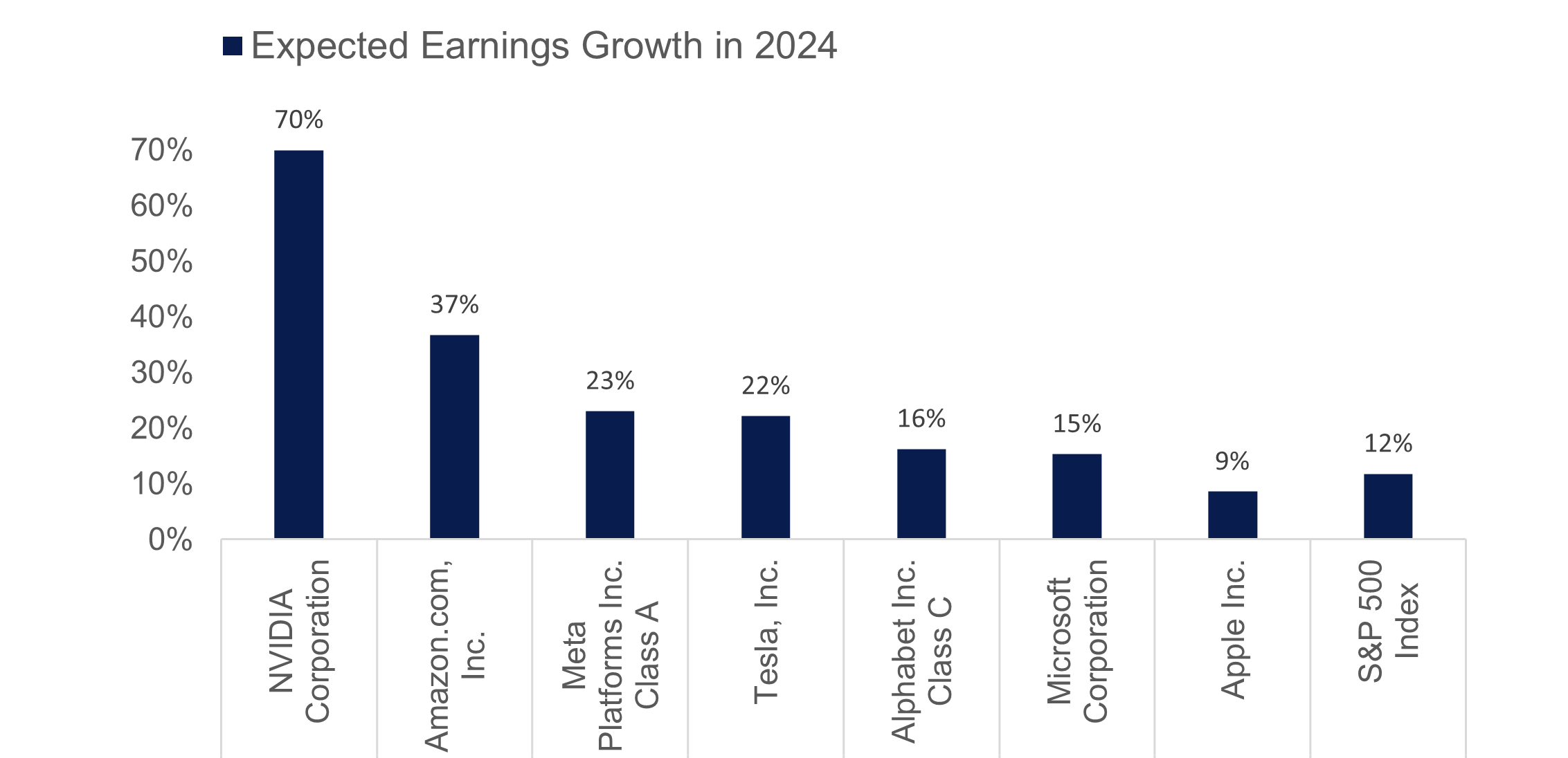 Bar graph depicting expected earnings growth in 2024 for the magnificent seven technology companies as described in the preceding paragraph. 