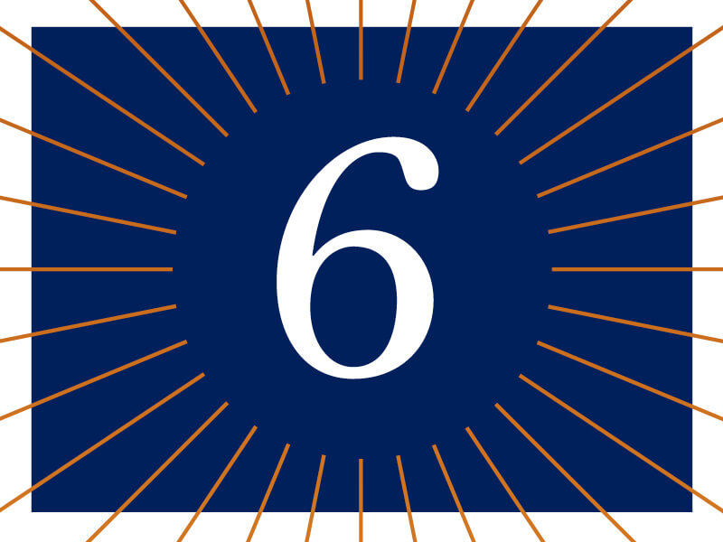 white number 6 on blue background with white frame surrounded by orange linear sunburst