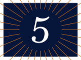 white number 5 on dark blue background with orange thin-lined starburst around 5