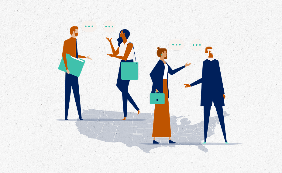 illustration, two separate pair of businesspeople talking, atop U.S. map image