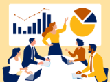 illustration, five advisors in meeting looking at pie chart on screen