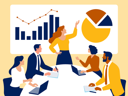 illustration, five advisors in meeting looking at pie chart on screen