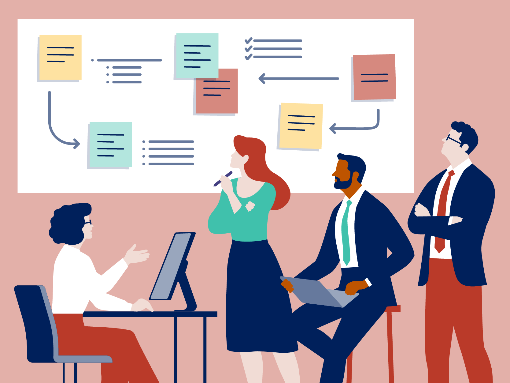 illustration, four advisors looking over information on a screen