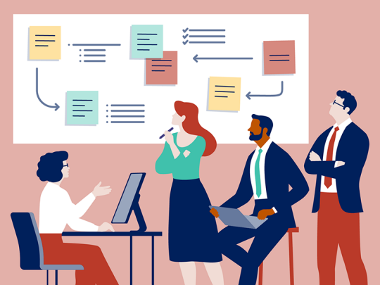 illustration, four advisors looking over information on a screen
