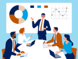 illustration, five advisors in meeting discussing financial metrics on screen