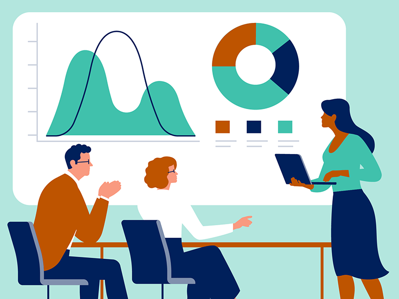 illustration, three advisors in meeting looking over the numbers on screen