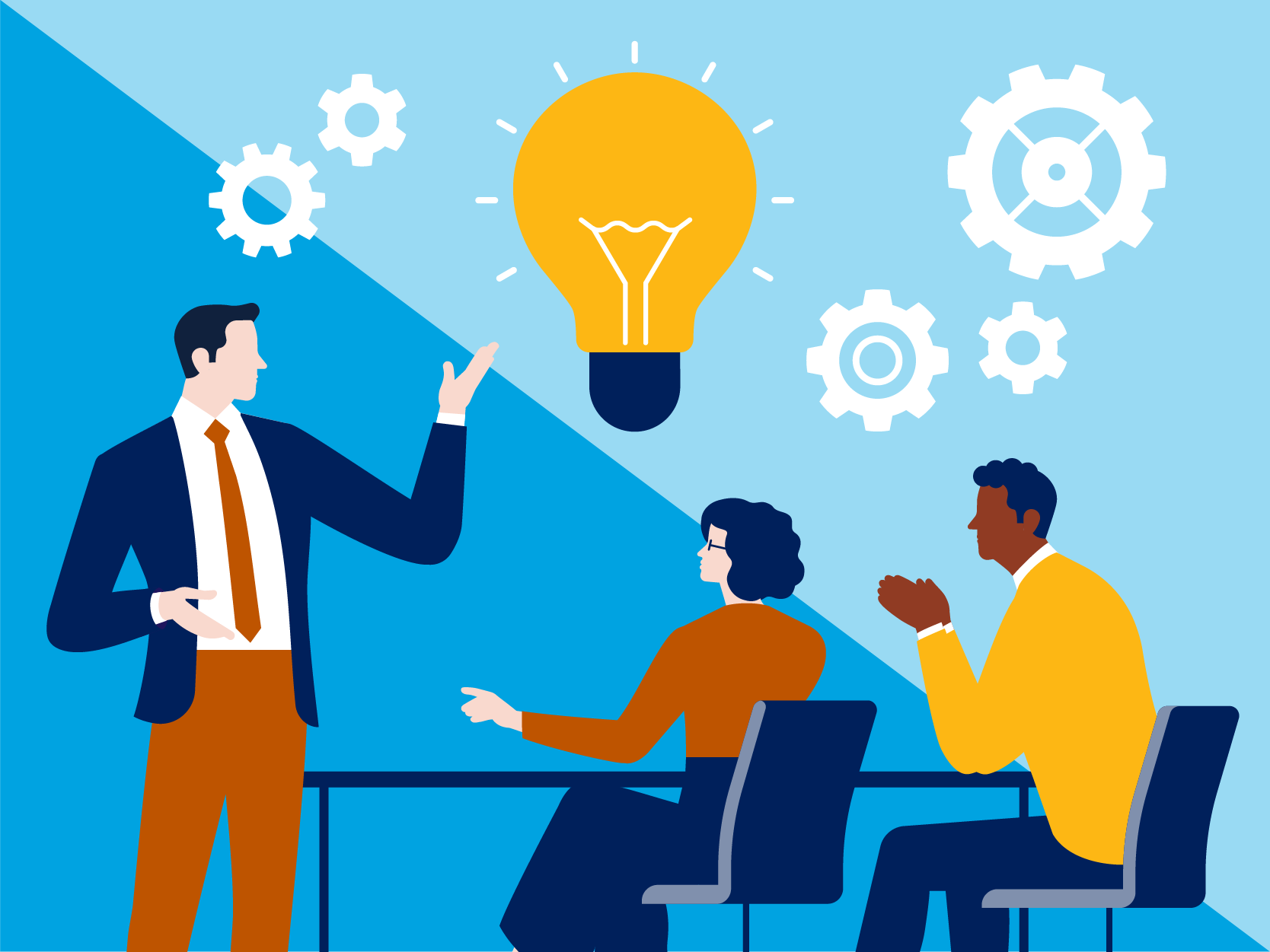 illustration, three advisors coming up with ideas, cogs, lightbulb