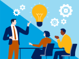 illustration, three advisors coming up with ideas, cogs, lightbulb