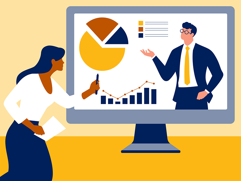 illustration, financial advisor in virtual meeting with another discussing metrics