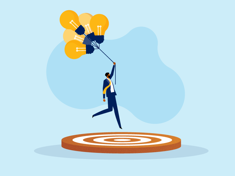 illustration of floating man holding light bulb bunch aiming for target