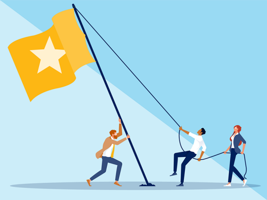 illustration, advisors erecting flag pole and raising gold flag