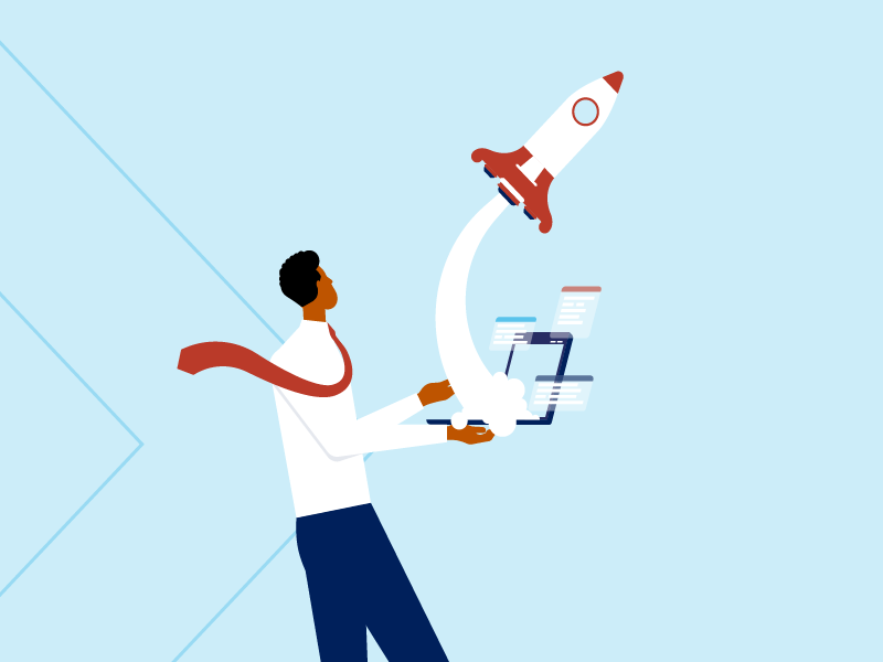 cropped illustration of man standing holding tablet showing launching rocket