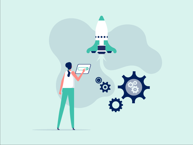 illustration of woman standing holding tablet showing launching rocket and gears