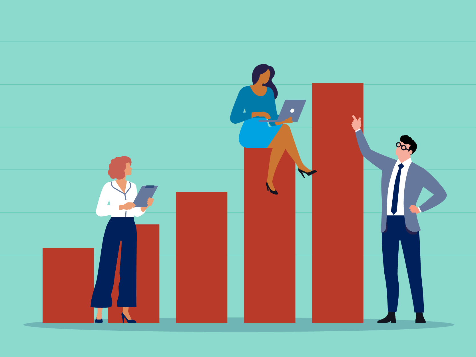 illustration, advisors sitting and standing around horizontal graph bars