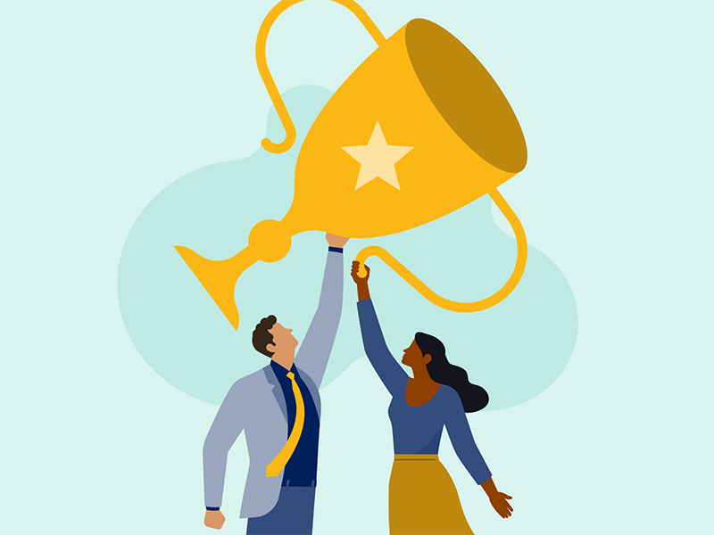 illustration, advisors celebrating a win raising gold cup in air