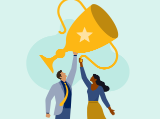illustration, advisors celebrating a win raising gold cup in air