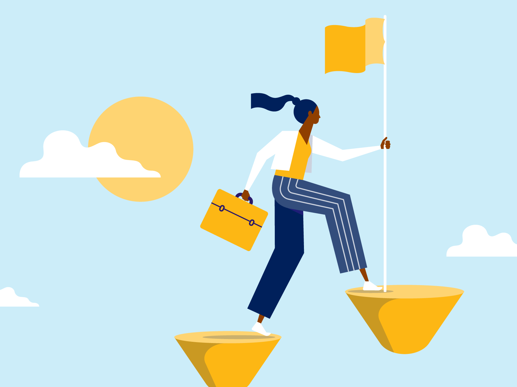 illustration, advisor with briefcase and flag stepping on cones in sky