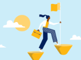 illustration, advisor with briefcase and flag stepping on cones in sky