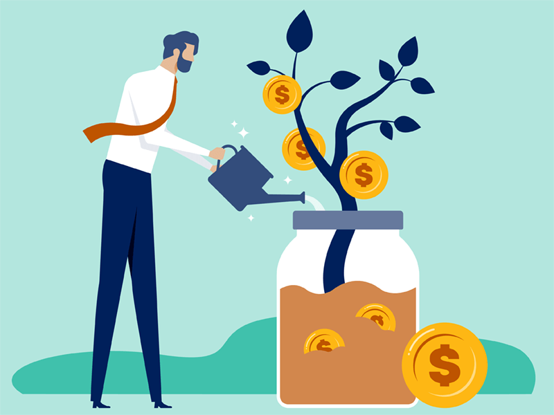 Illustration, man with tie watering a money tree growing in jar