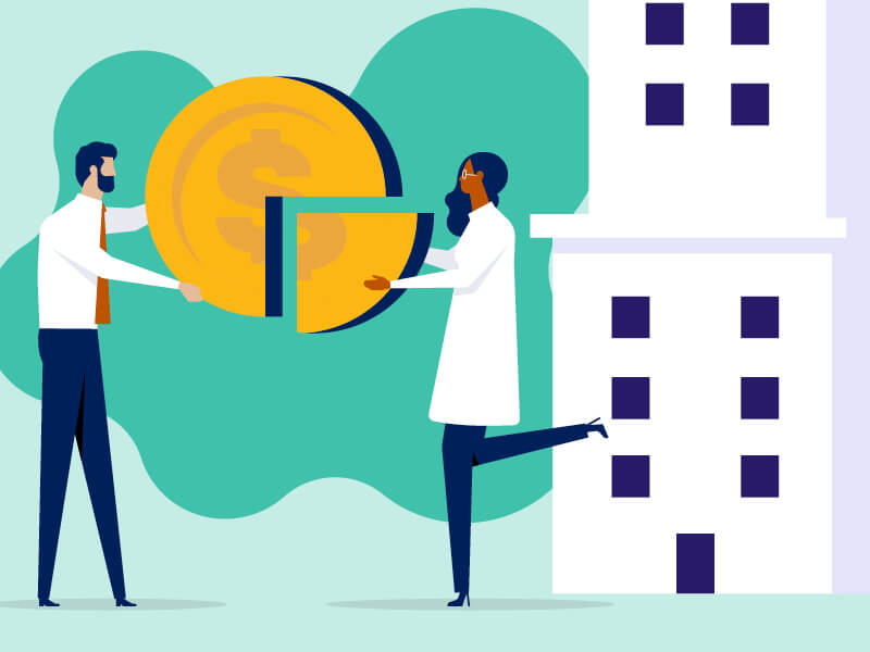 illustration, businessman and woman holding a 3d pie chart, green and checkered background