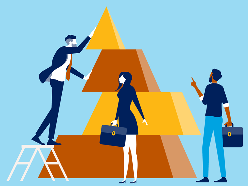 Illustration, 3 people, one on a stool, putting the slices of a pyramid together