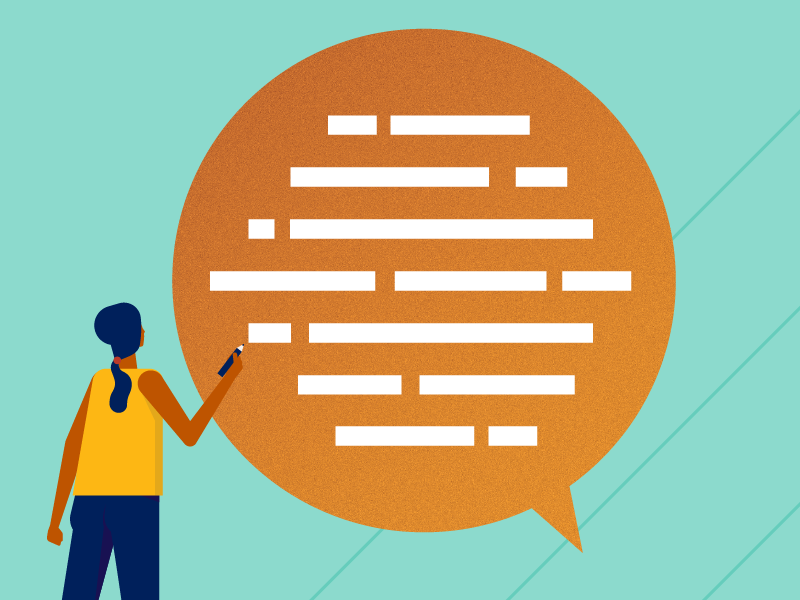 illustration, standing woman with pen, looking at 'conversation' in lifesize chat bubble