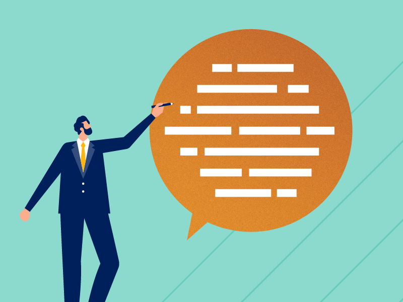illustration of man standing pointed towards round chat bubble