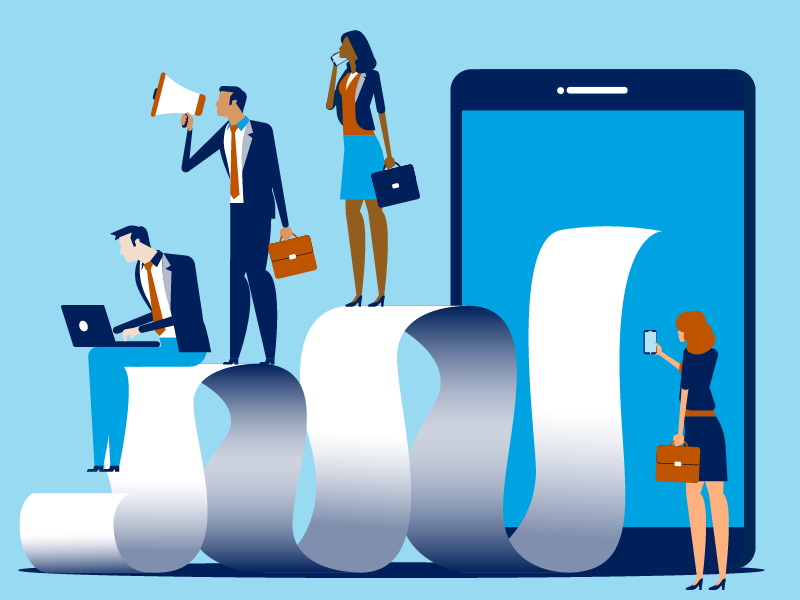 illustration of vertical tablet delivering calculator paper as stairs with 3 people, one to the side
