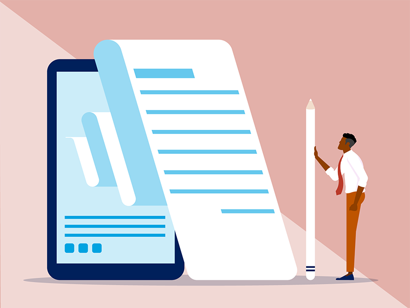 illustration, advisor examining receipt with full size pencil and mobile device