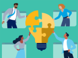illustration, four advisors in each corner of a square putting lightbulb puzzle together