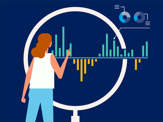 illustration, advisor closely examining a horizontal bar chart