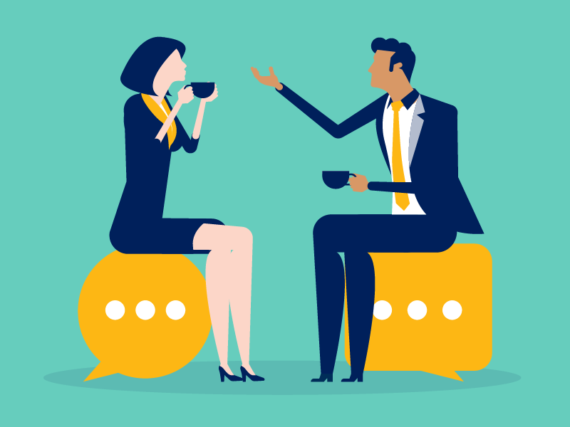 illustration of man and woman talking, sitting on two chat bubbles