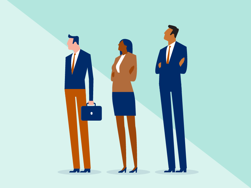 illustration of 2 men and 1 woman standing looking to the side