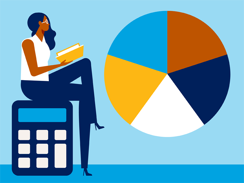 Illustration, woman sitting on a calculator with a pie chart to the side