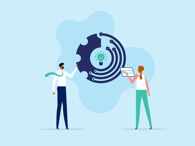 illustration of man and woman, man holding large gear, woman holding tablet