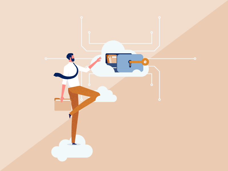 illustration of man standing on one leg with folder, pointing towards open laptop