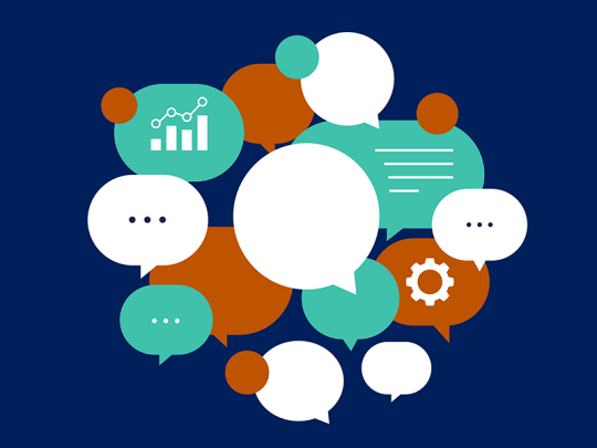 illustration, chat bubbles displaying different ideas, from analytics to thoughts