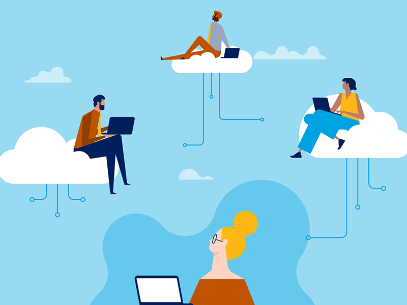 Illustration, four advisors, three sitting on clouds working on laptops