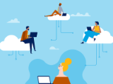 Illustration, four advisors, three sitting on clouds working on laptops