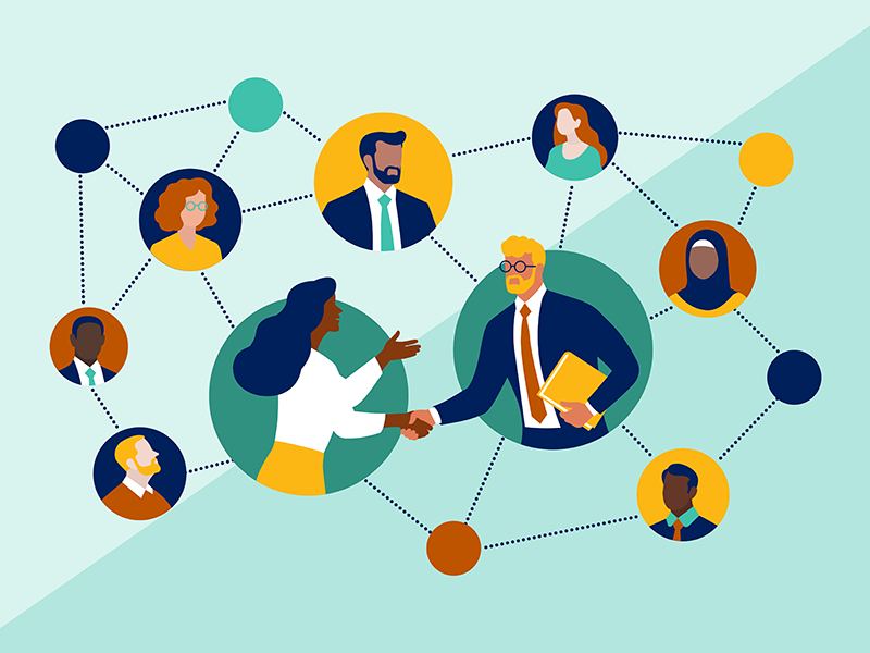 illustration, a network of advisors in bubbles with two shaking hands