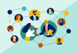 illustration, a network of advisors in bubbles with two shaking hands