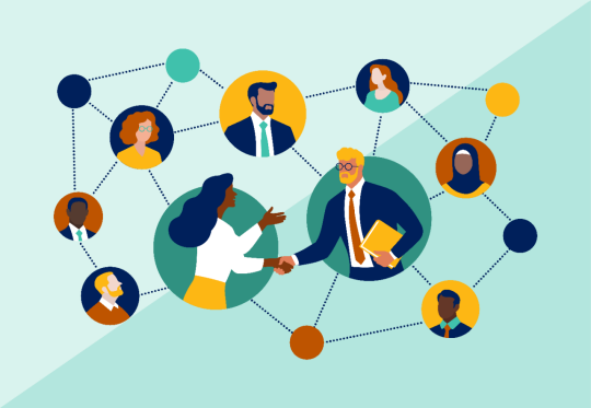illustration, a network of advisors in bubbles with two shaking hands
