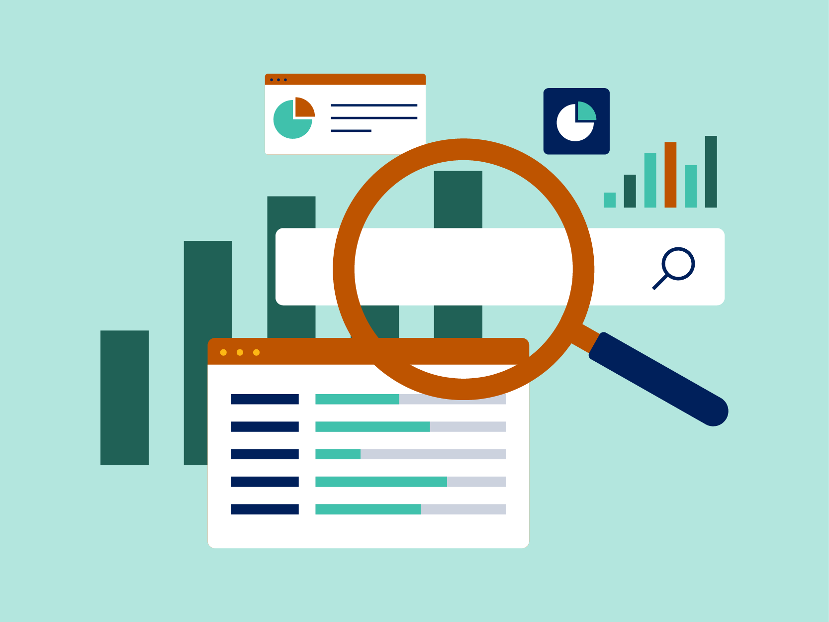 Illustration, magnifying glass looking at search box with informational graphs