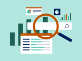 Illustration, magnifying glass looking at search box with informational graphs