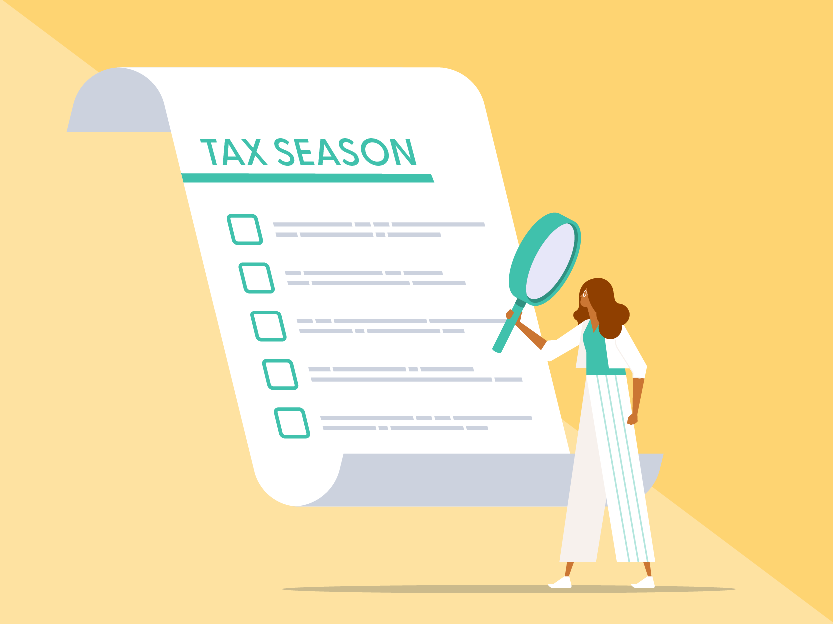 illustration, woman with large magnifying glass staring at large tax season list