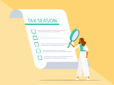 illustration, woman with large magnifying glass staring at large tax season list
