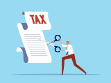 illustration, man with scissors cutting through large tax scroll
