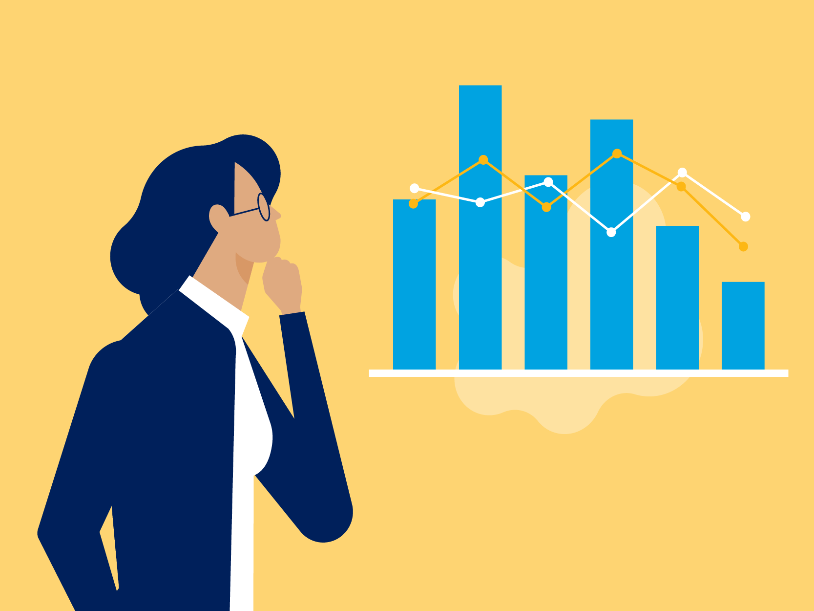 illustration, woman with hand to chin, looking at line and vertical bar chart